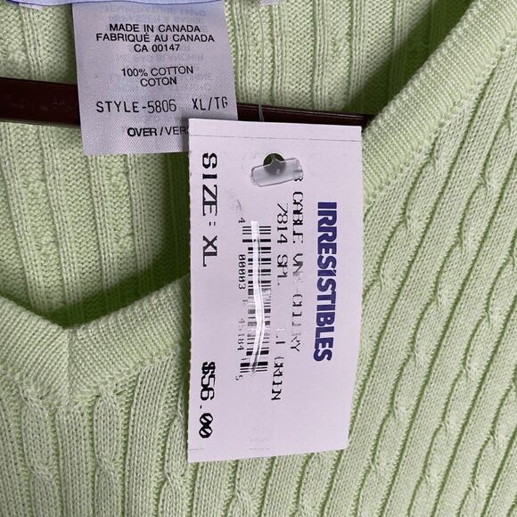 NWT IRRESISTIBLES Women’s Lime Green Cotton Cable Knit V-Neck Sweater Canada XL - Picture 6 of 11